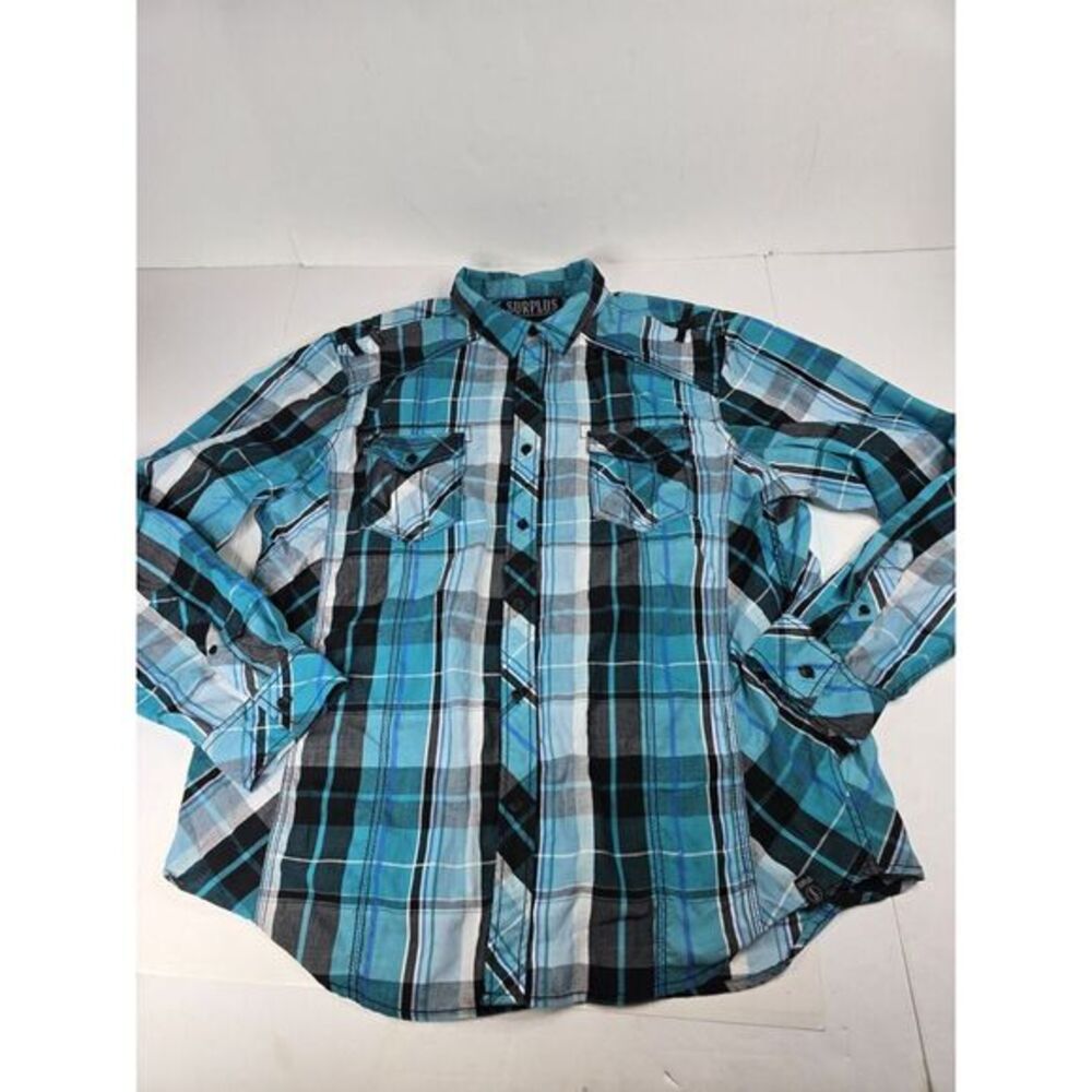 Surplus Mens Big & Tall Xxl Black Blue Plaid‎ Button Casual Western CowboyCore